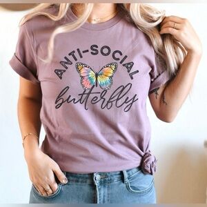 Anti-Social Butterfly Graphic Tee – Lilac Purple – Size Medium – Wildheart